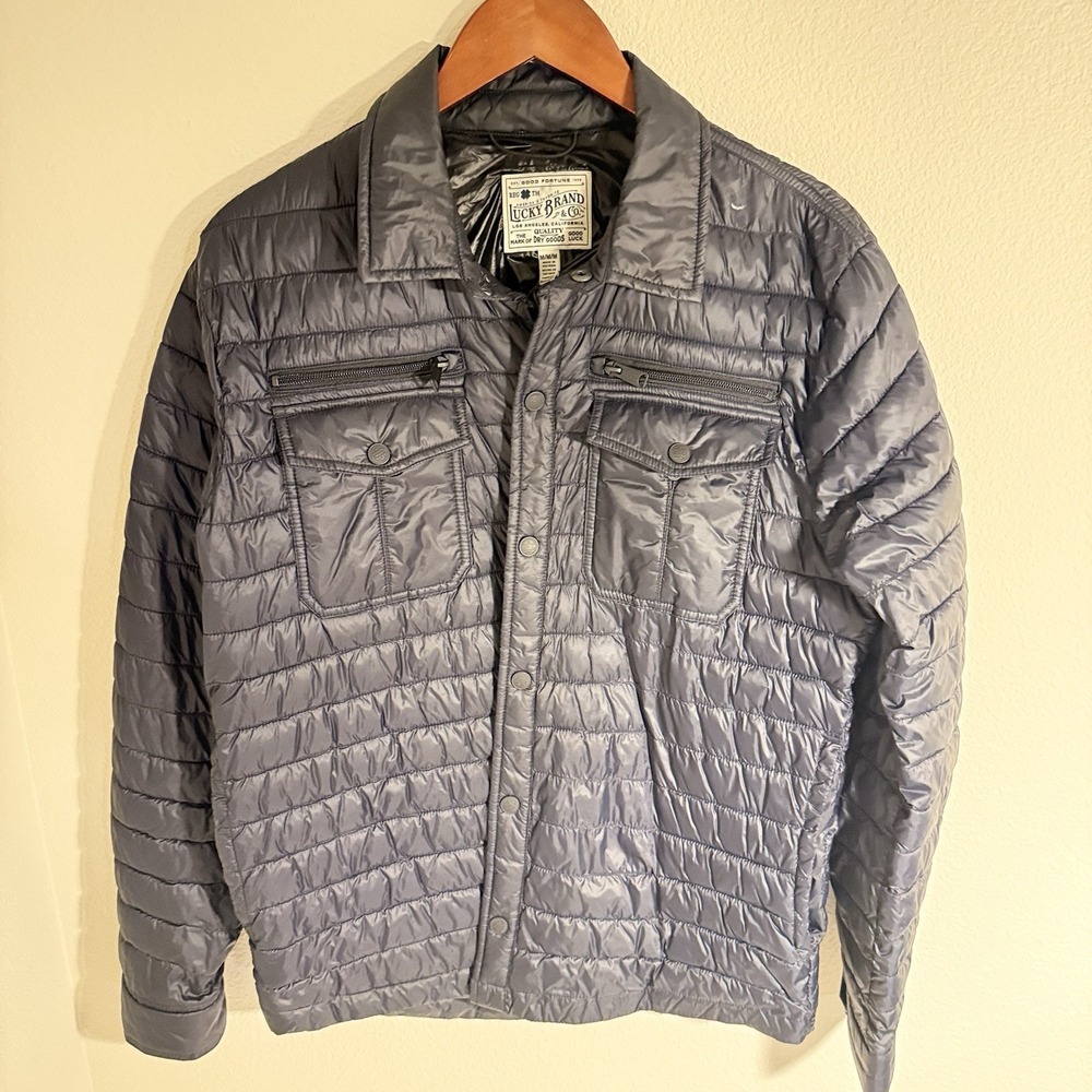 Men's Black Jacket Lucky Brand Medium Puffer Quilted Pockets Lightweight Coat
